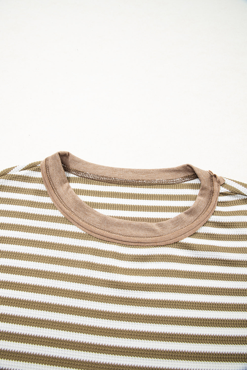 Khaki Stripe Thermal Knit Drop Shoulder Casual Top