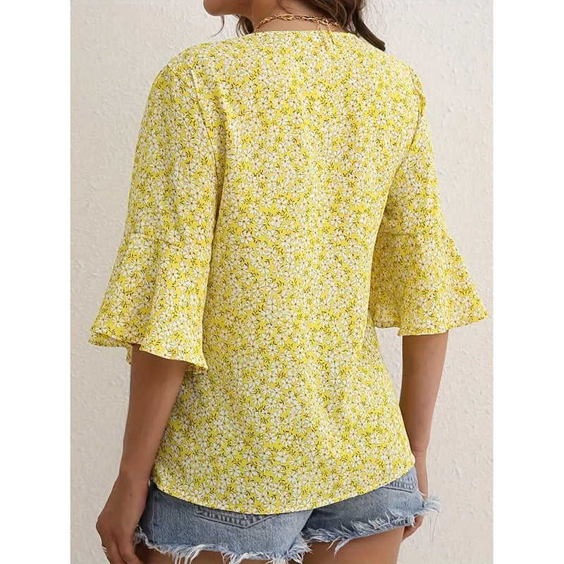 Womens Blue Floral V-Neck Blouse with Flare Sleeves - Image 8