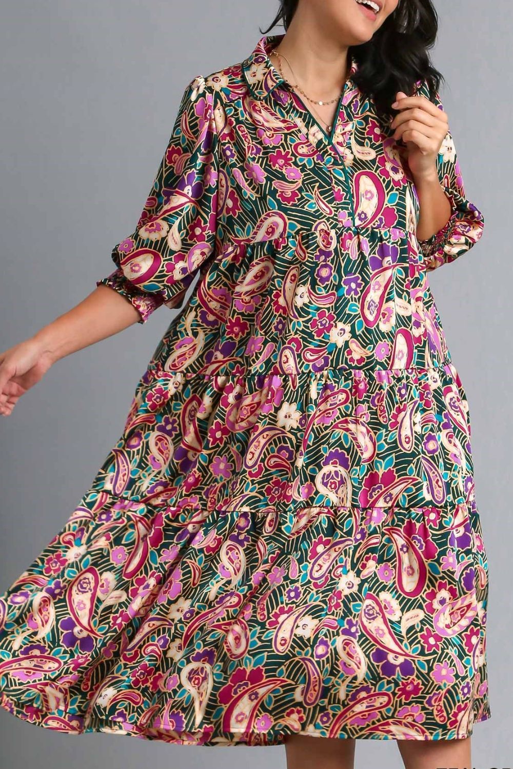 Printed Satin Midi Dress with Tiered Design