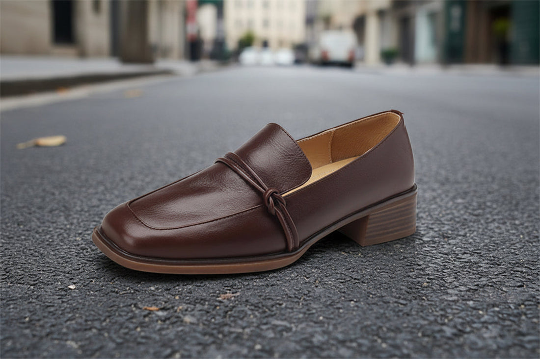 Women’s Retro Minimalist Mid-Heel Leather Loafers Black Brown - Image 5