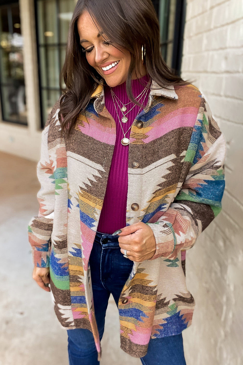 White Aztec Print Button Up Shacket | Polyester