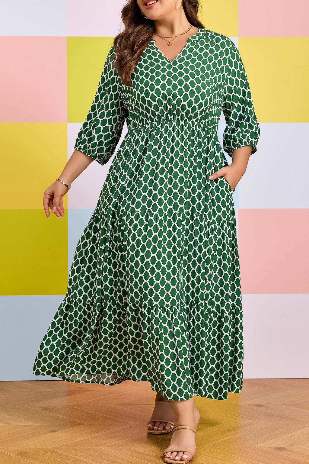 Johanna Ruffle Hem Geometric Print V-Neck Midi Dress
