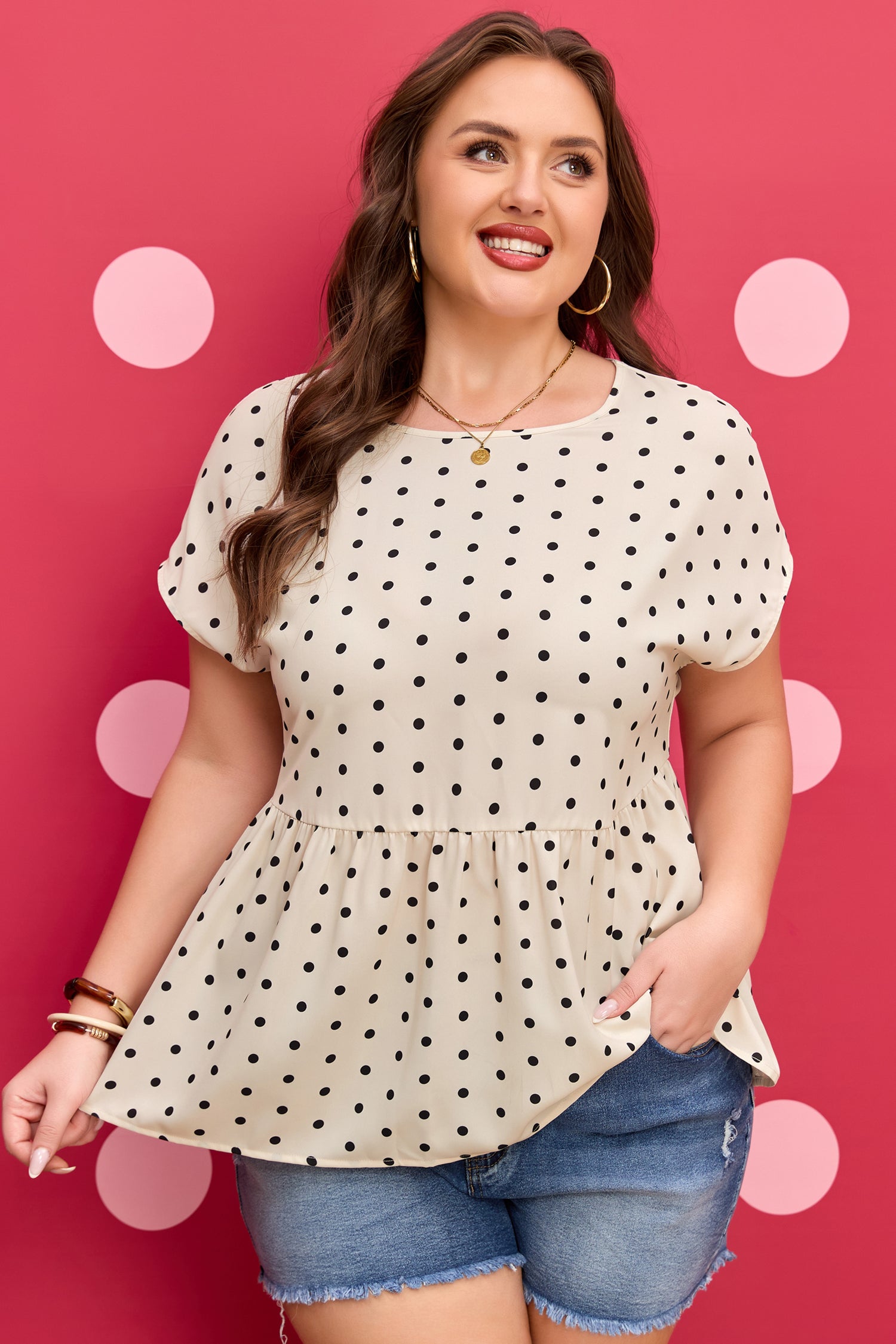 Adora Polka Dot Button Detail Babydoll Blouse | Polyester