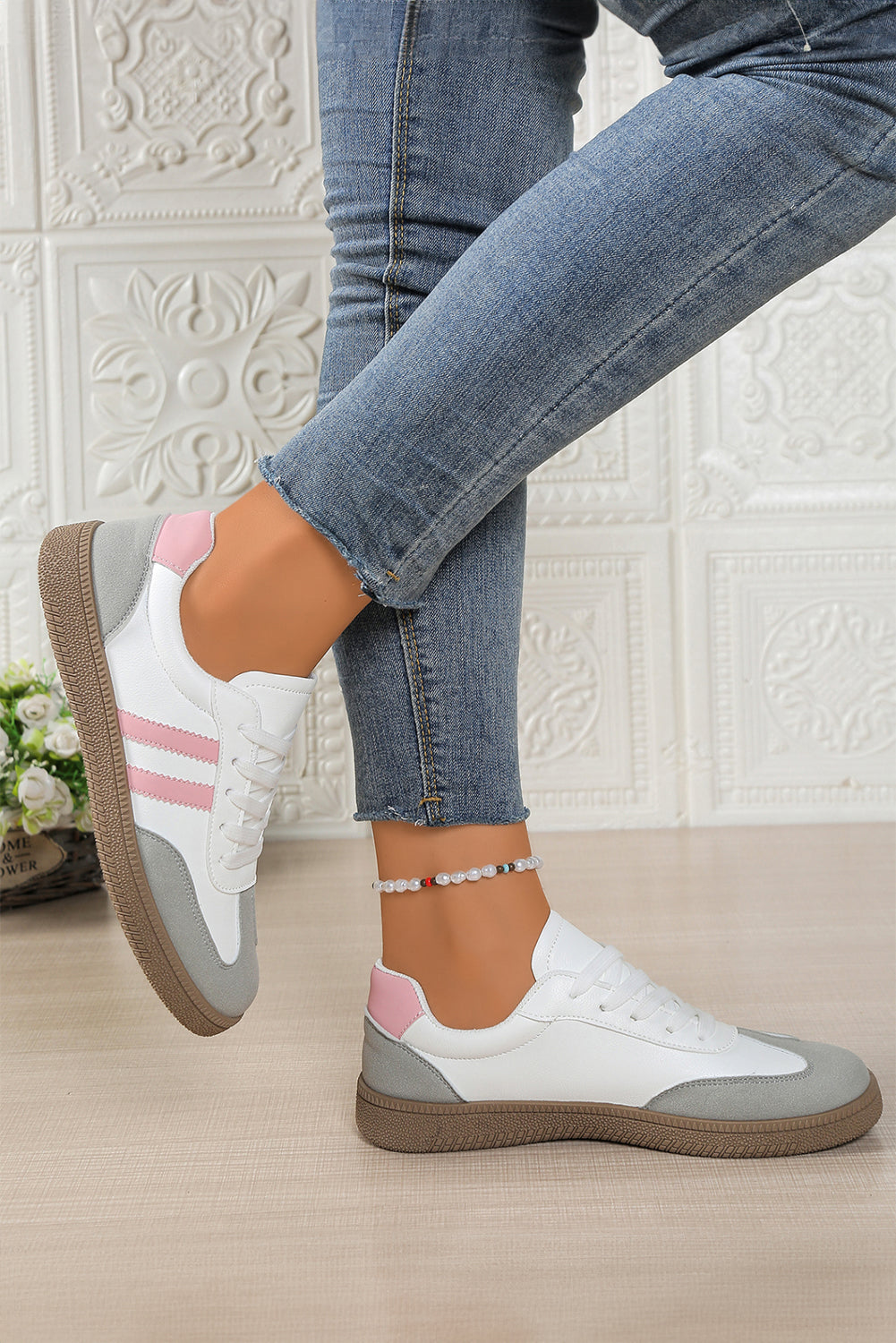 Pink Striped Patchwork Lace Up Sneakers | PU Leather