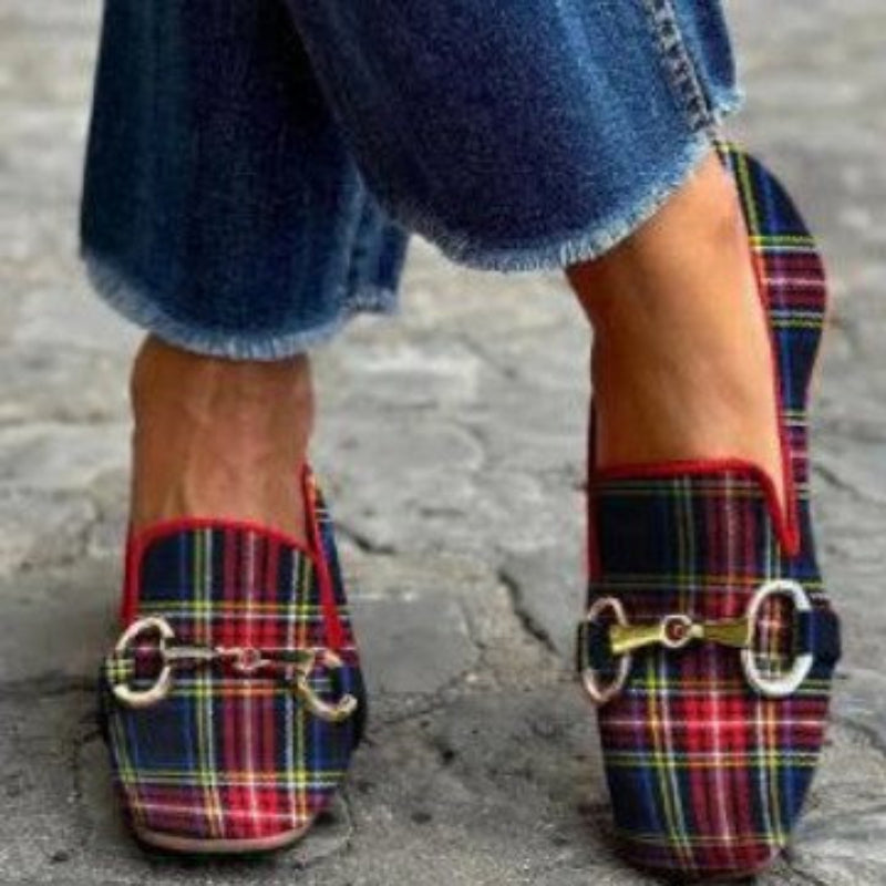 Women's Red and Blue Plaid Square Toe Buckle Loafer Flats - Image 4