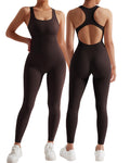 MOSHENGQI Women Racerback One Piece Jumpsuits Sleeveless Backless Bodycon Tummy Control Workout Romper(L05-Dark Brown)