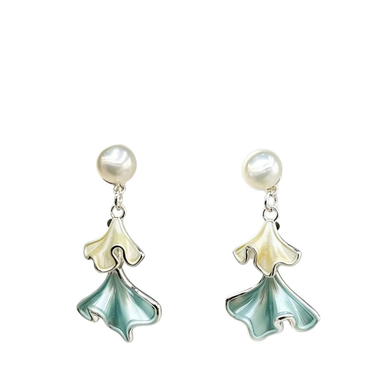 Ginkgo Fritillary And Natural Pearl Elegant High-End Silver Stud Earrings