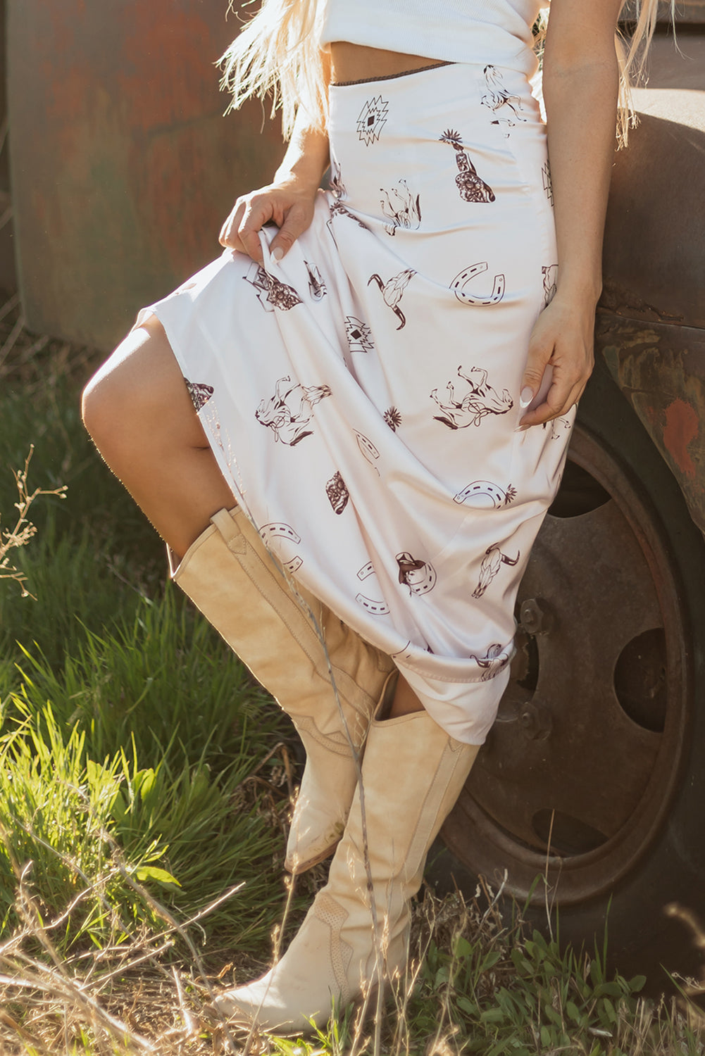 White Western Print Satin Long Skirt Elegant Midi Flowy Skirt