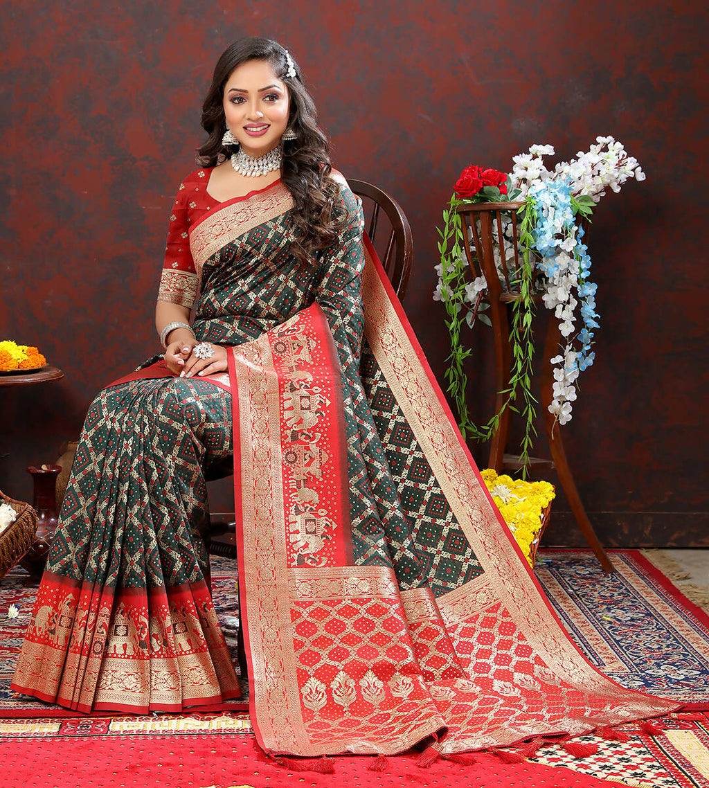 Green & Red Patola Silk Saree with Meenakari Weaving