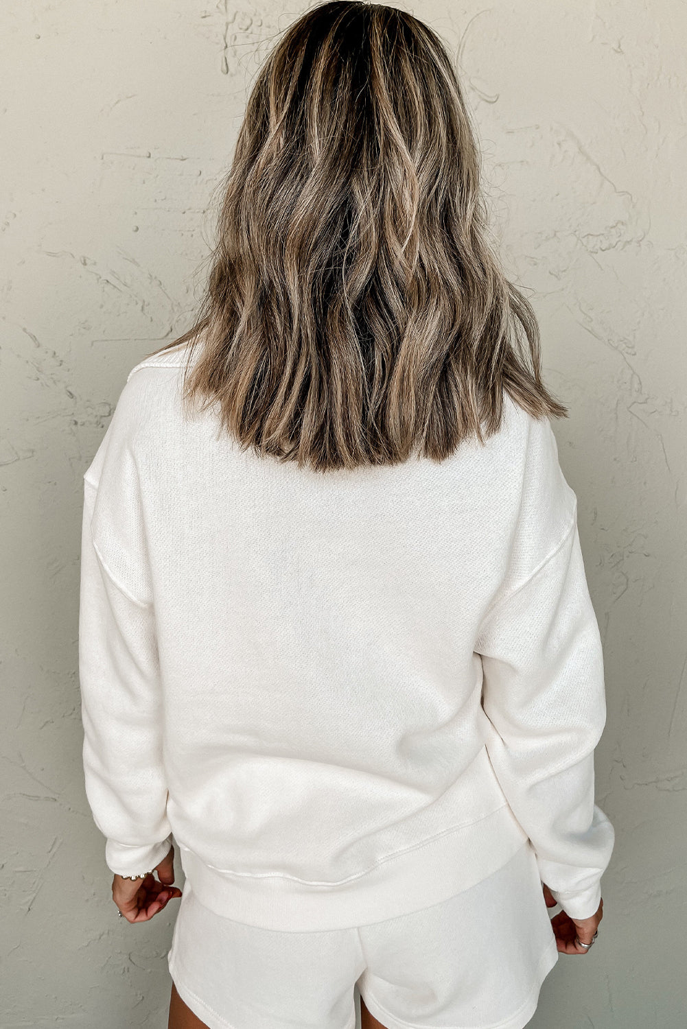 White Ribbed Collar Drop Shoulder Sweatshirt & Shorts Set