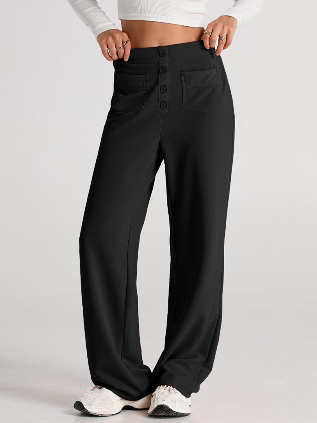 High Waist Wide Leg Pants | Black Polyester Relaxed Fit