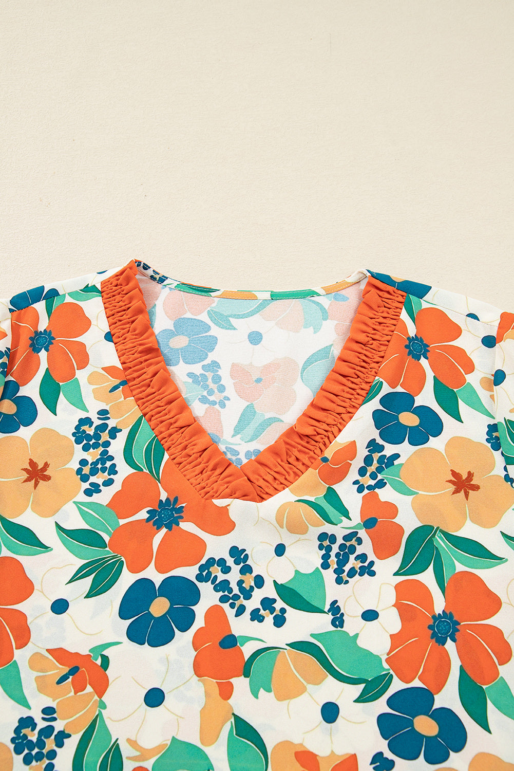 Orange Frilled V Neck Floral Print Bracelet Sleeve Blouse