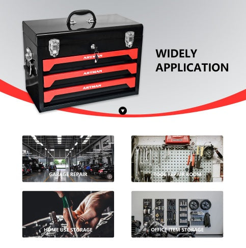 20-Inch Portable 3-Drawer Steel Tool Box with Metal Latch Closure