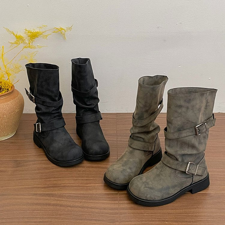 Distressed Slouchy Mid-Calf Boots | Buckle Strap Biker Booties | Y2K Retro