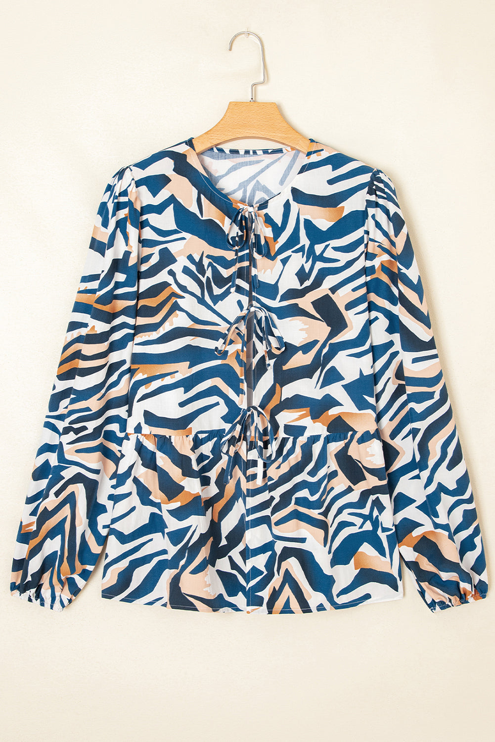 Zebra Print Tie Front Puff Sleeve Blouse