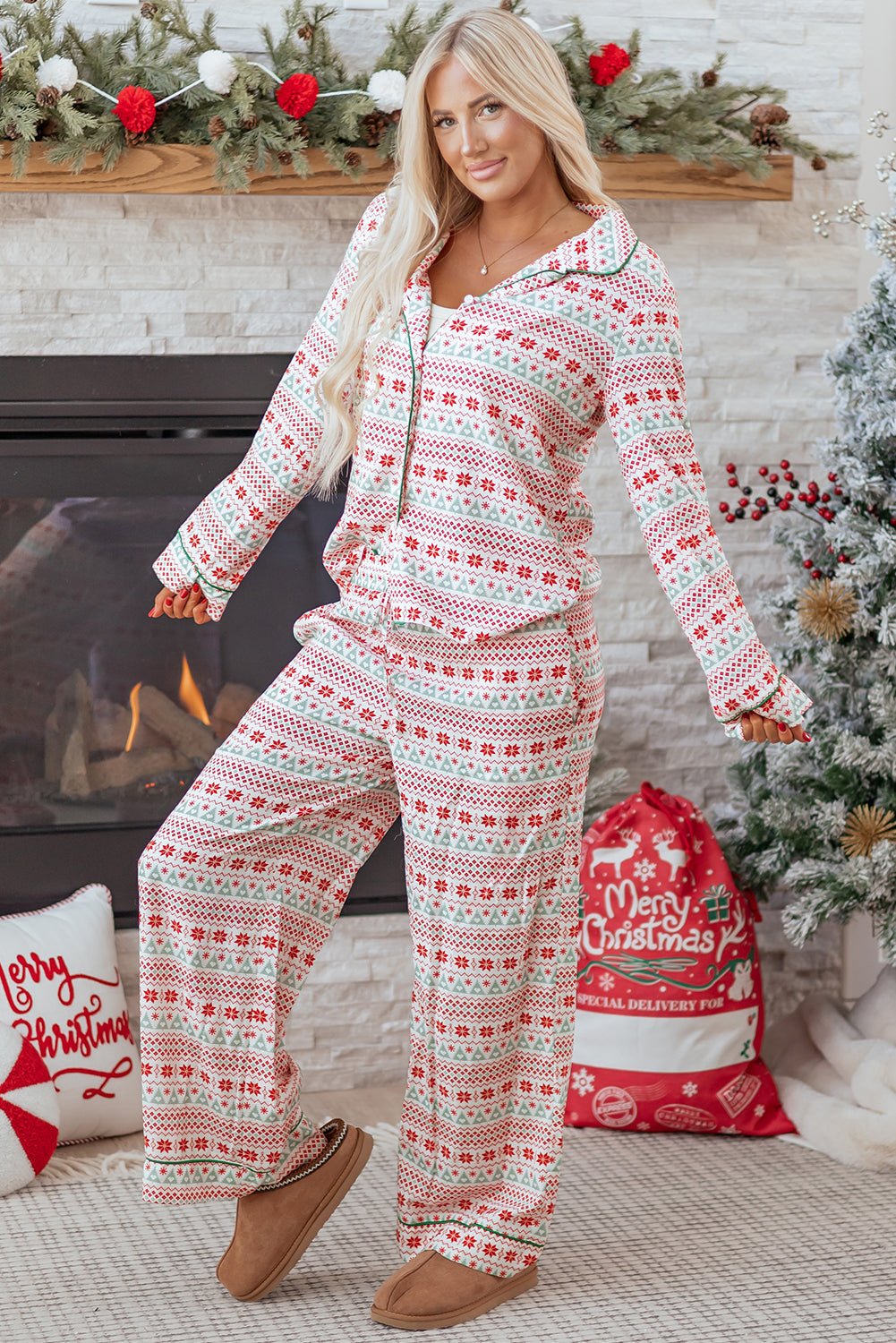Women's Festive Christmas Pattern Pajama Set in Red and Green