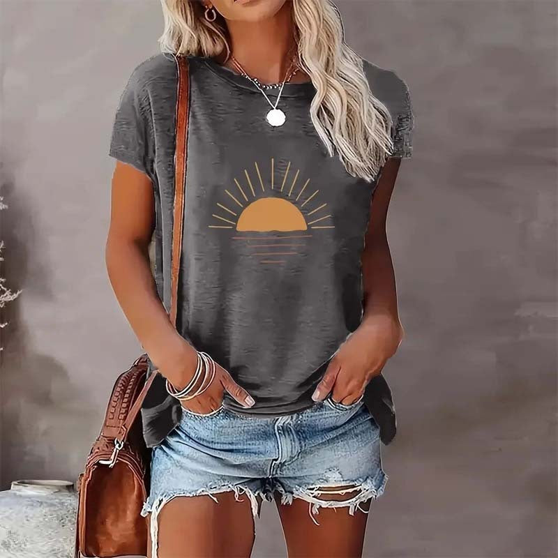 Women's Sunrise Print Round Neck Short Sleeve T-Shirt - Image 11