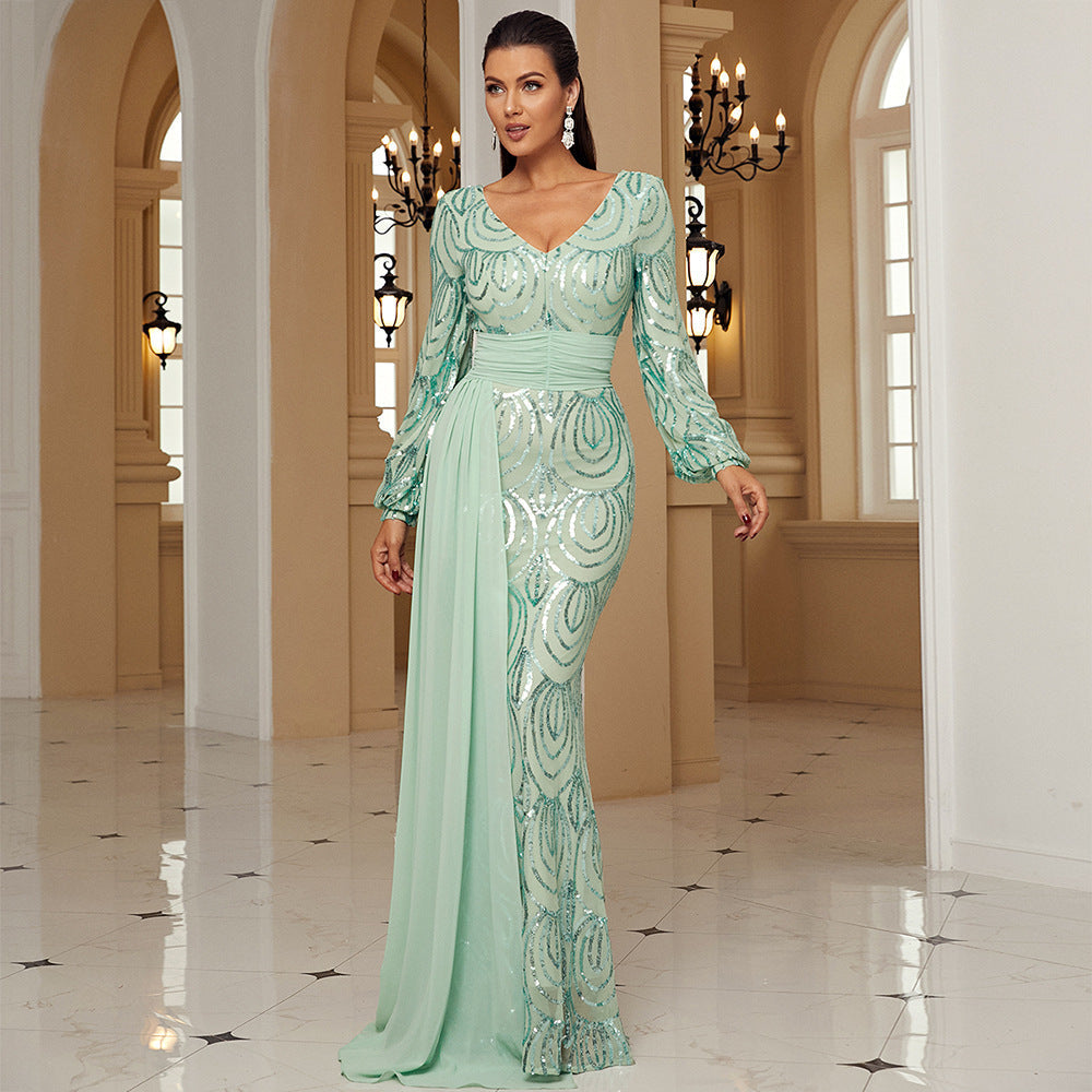 Glamorous long sleeve mint green sequined evening dress with V-neckline and hip-skirt fit