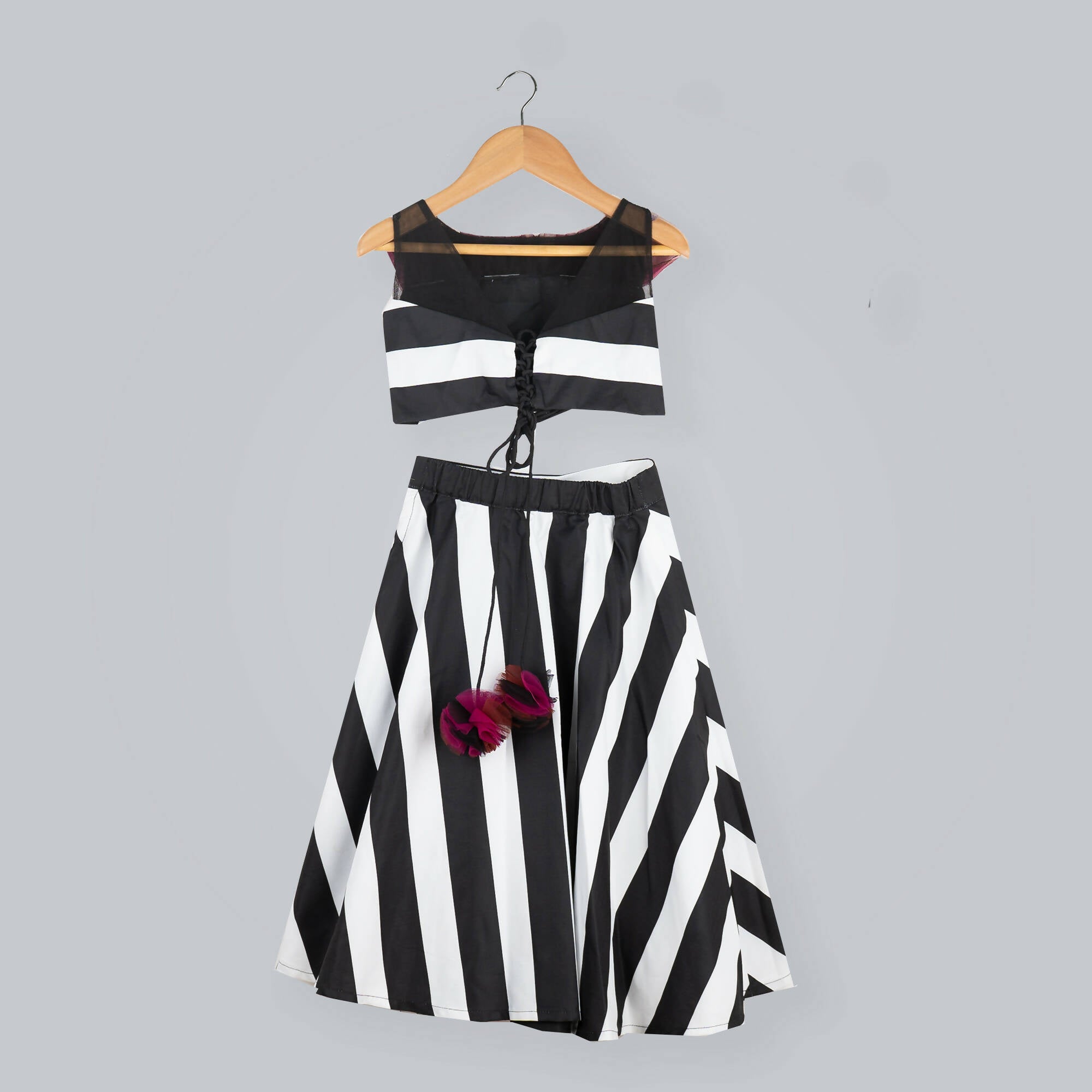 Girls Printed Ghagra Choli with Frill Dupatta in Black and Wine