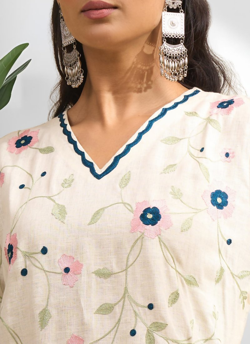 Cream Linen Embroidered Long Kurta Set with Matching Pant
