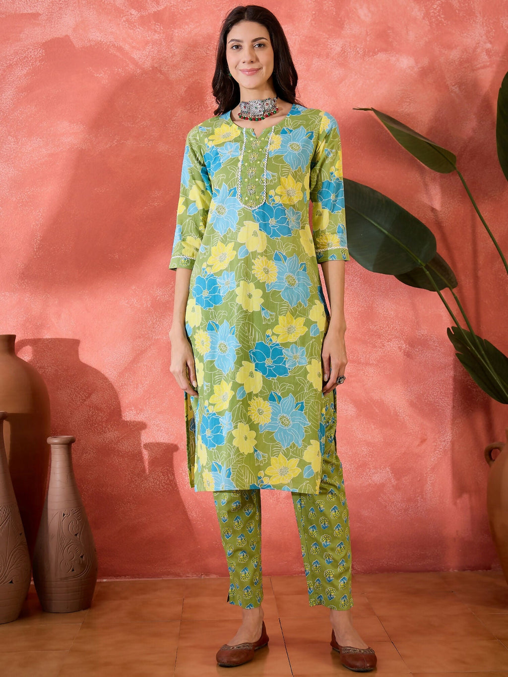 Printed Green Pure Cotton Kurta Set for Women