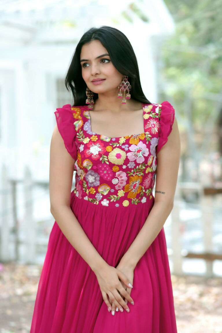 Women's Rani Pink Sequins Embroidered Faux Blooming Anarkali