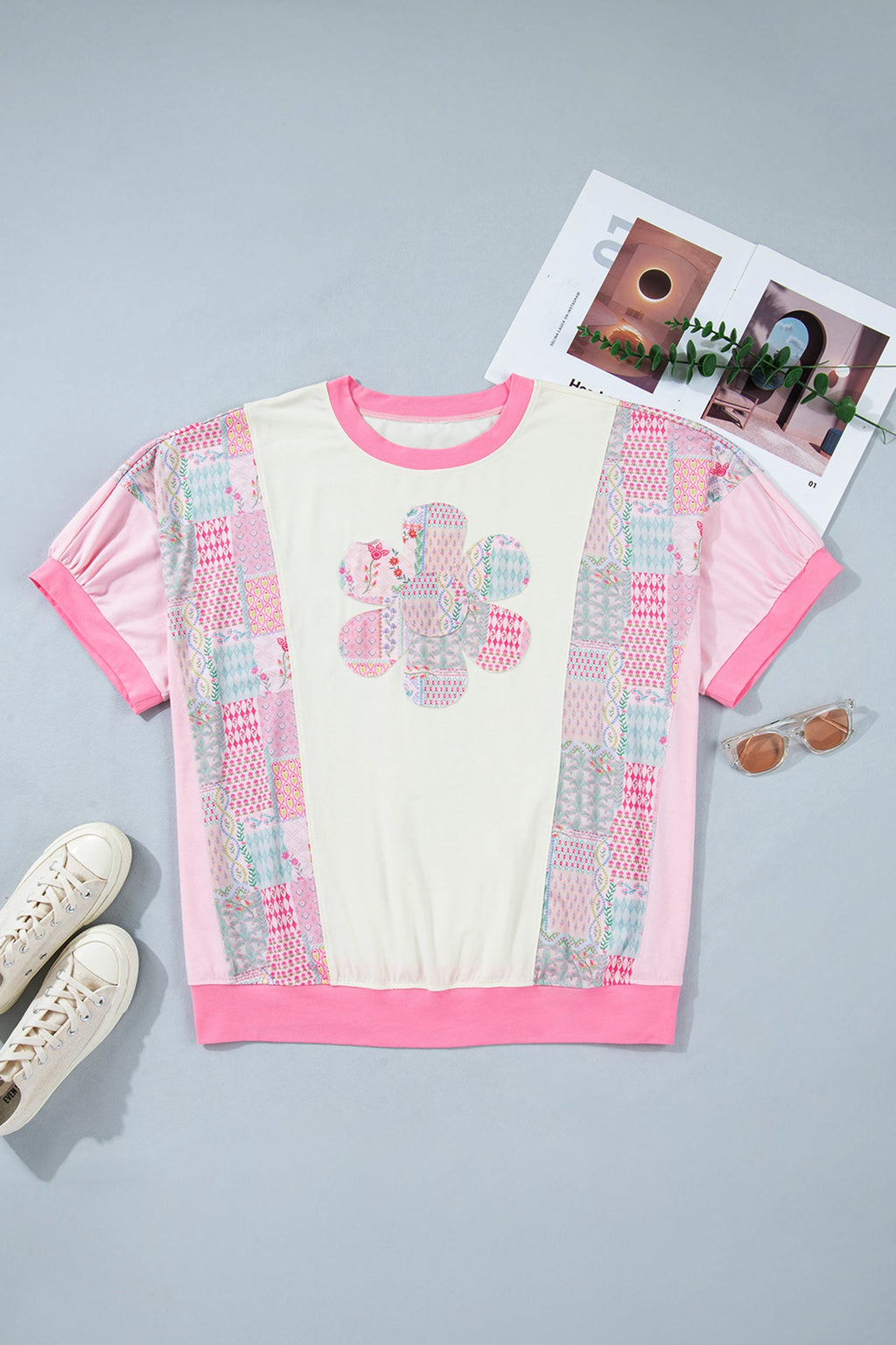 Plus Size Floral Patchwork Embroidered T-Shirt