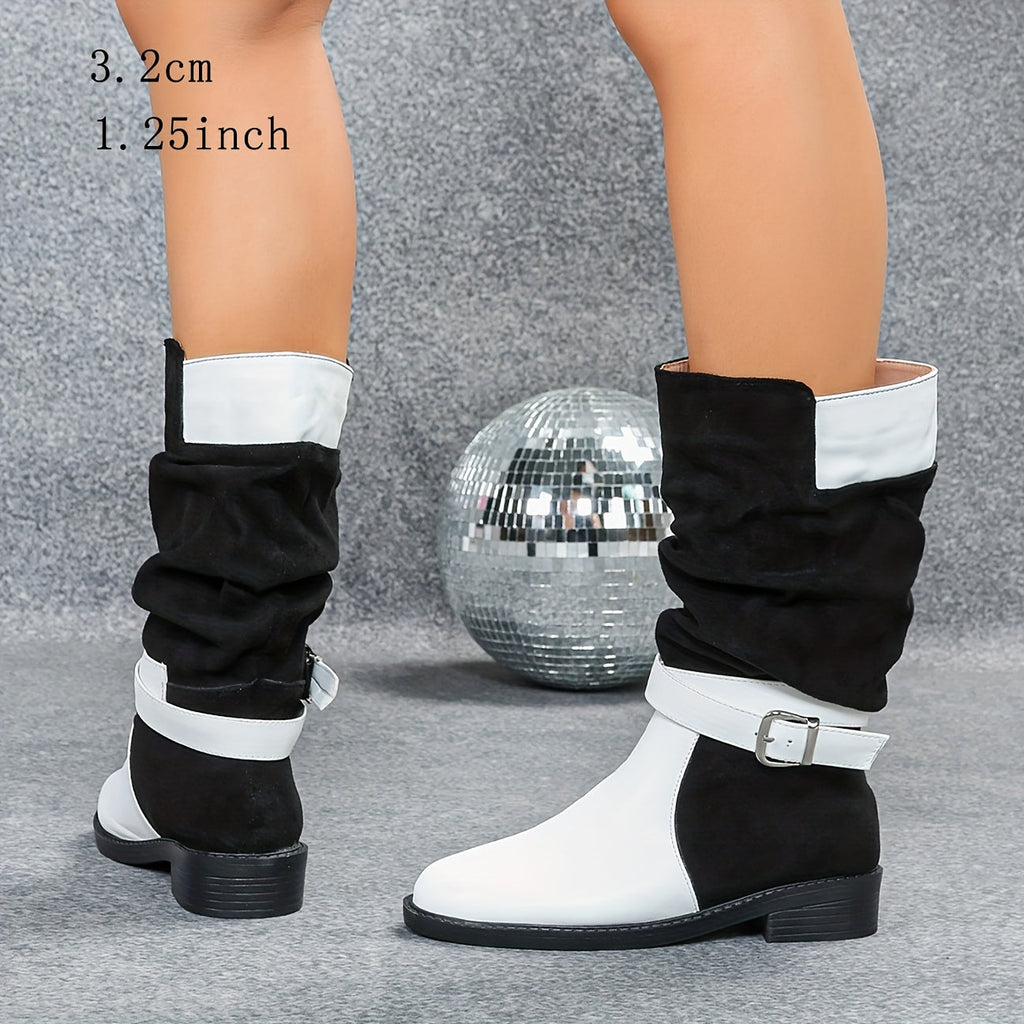 Elegant Black  White ColorBlock Pleated MidCalf Boots