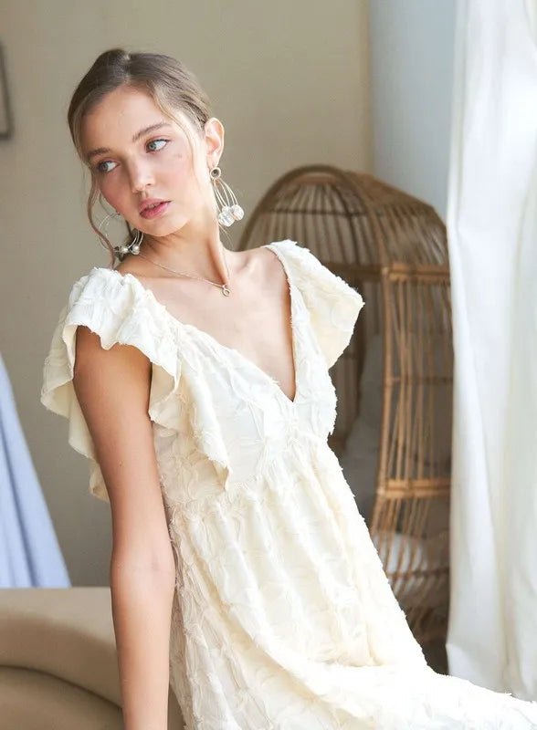 Cream Tie Back V-Neck Ruffle Sleeve Summer Dress