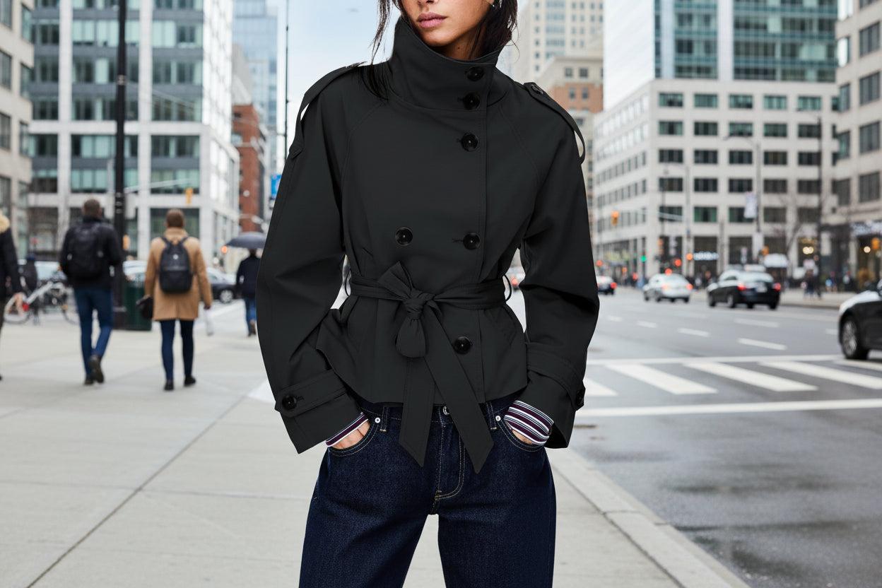 A woman wearing a short, beige trench coat with a button-front closure and a lace-up waist detail, styled with jeans.