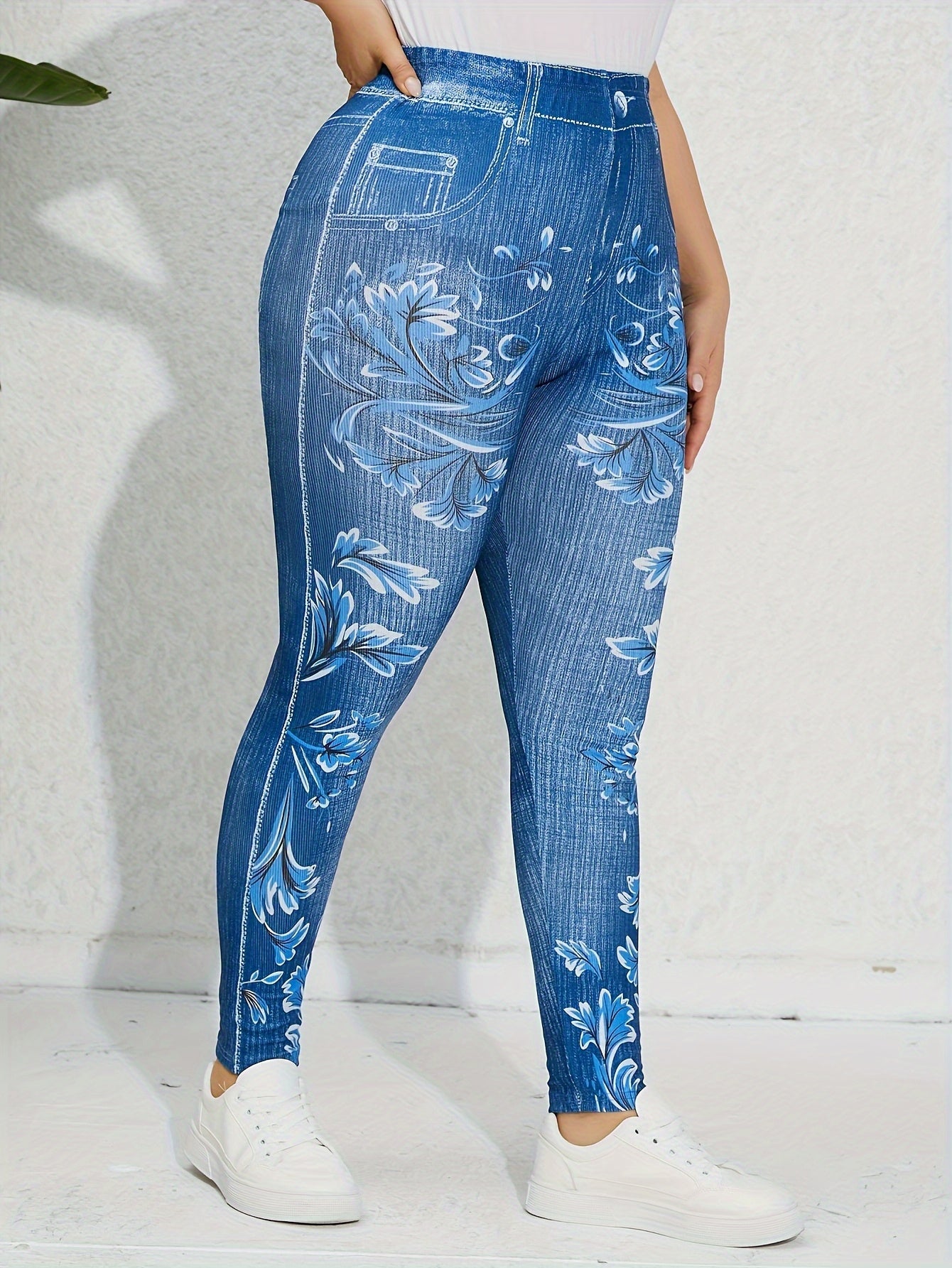 Blue Floral Plus Size High Waisted Leggings