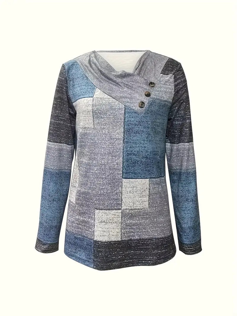 Women’s Blue Patchwork Long Sleeve Button Detail Casual Top - Image 2