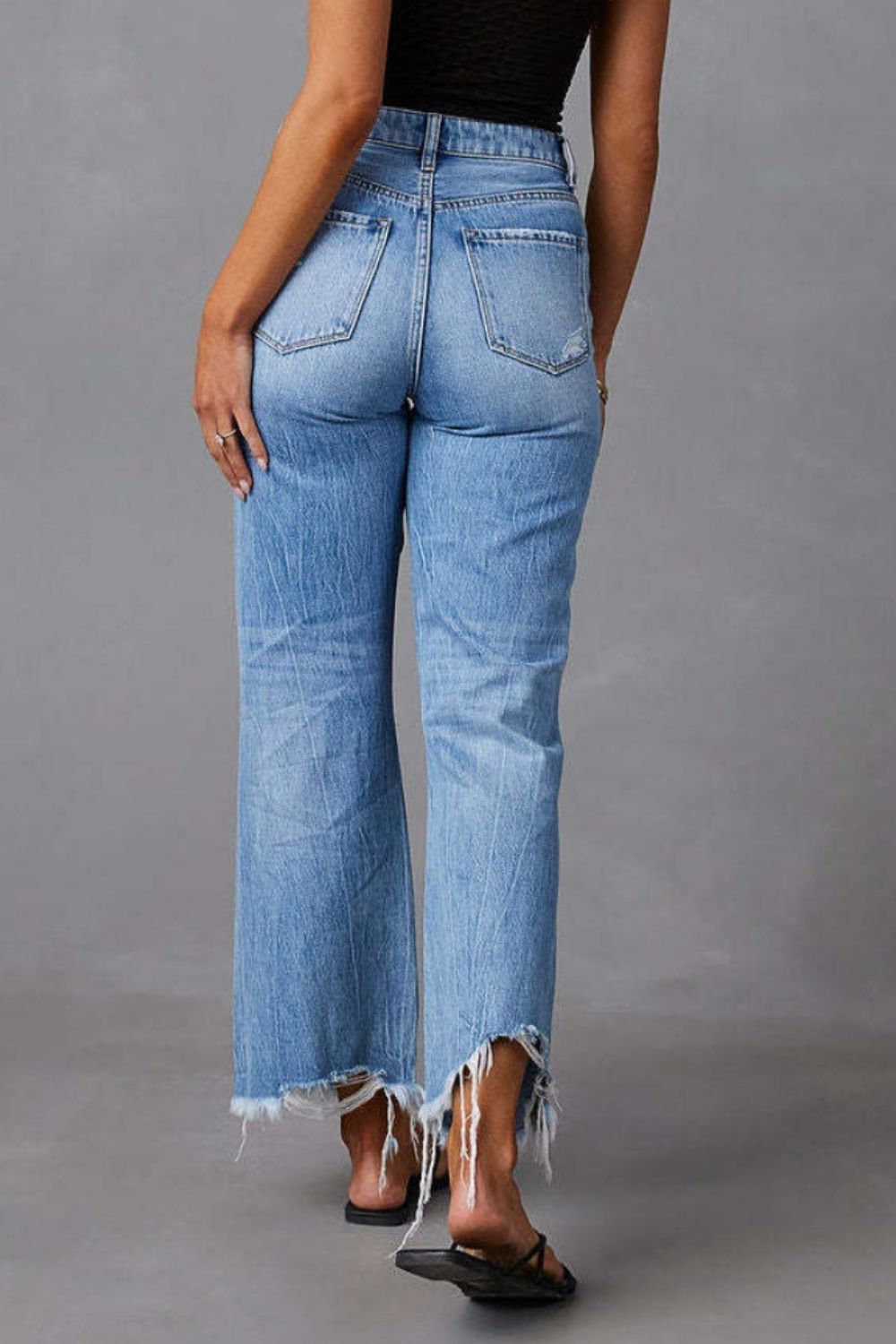 Distressed Raw Hem High-Rise Wide-Leg Jeans | Medium Wash