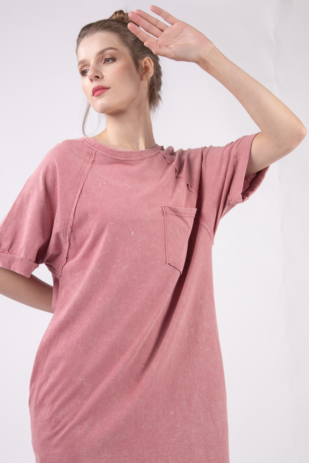 Washed Round Neck Mini Tee Dress with Pockets