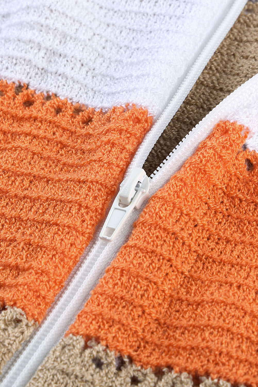 Multicolor Zipped Front Colorblock Hollow-out Knit Hoodie