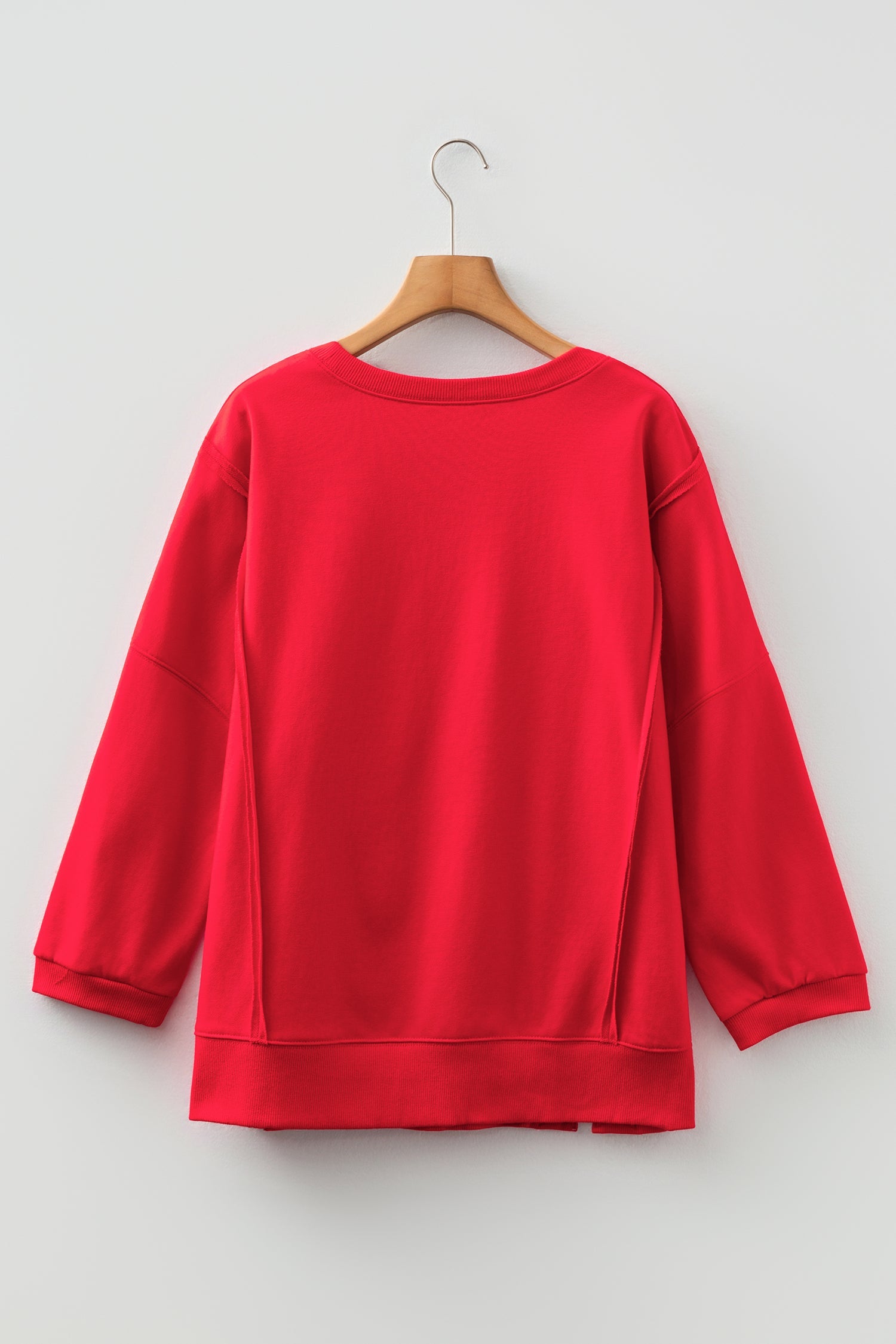 Fiery Red Floral Bow Patchwork Baggy Sweatshirt with Exposed Seams