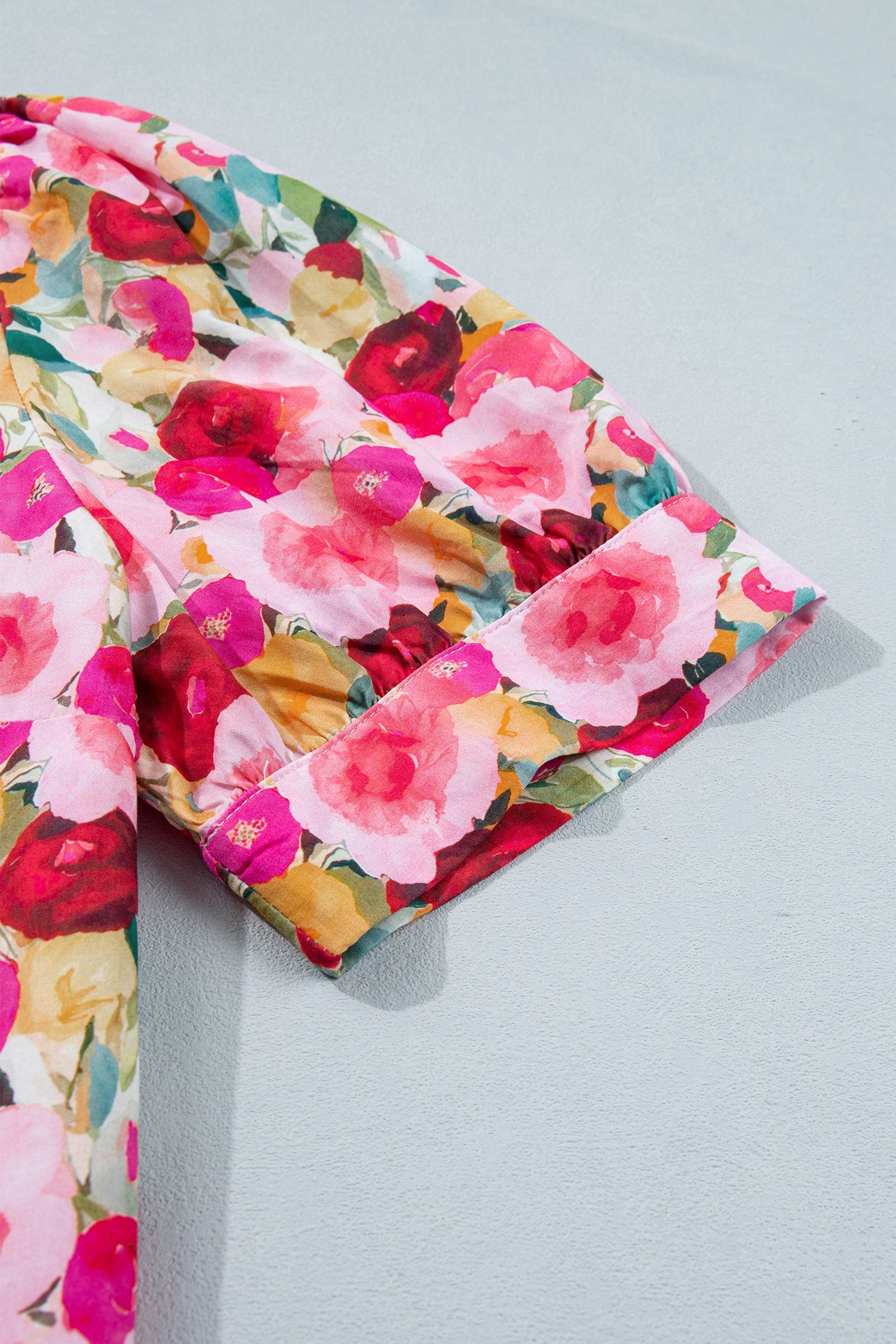Oaklynn Puff Short Sleeve Floral V-Neck Top in Pink Red Yellow