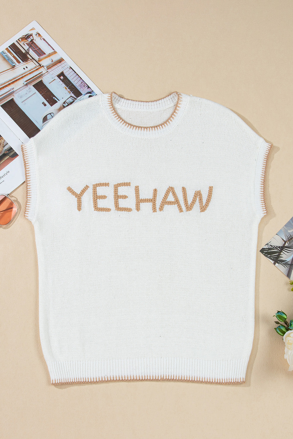 YEEHAW Stitch Edge Crew Neck Short Sleeve Sweater Top