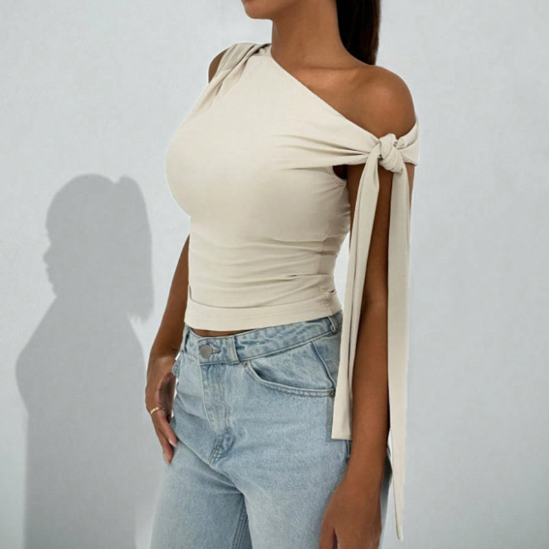 White One-Shoulder Asymmetrical Tie-Shoulder Going Out Party Top