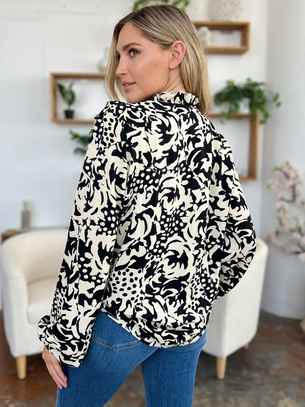 Printed Ruffle Trim Balloon Sleeve Shirt | Buttoned Blouse