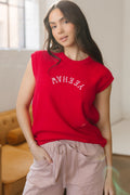 YEEHAW embroidered letter short sleeve knit sweater in red and white.