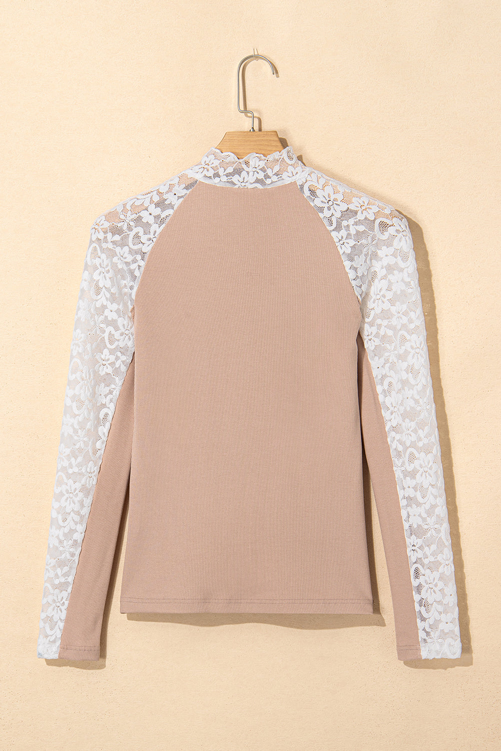 Smoke Gray Floral Lace Patchwork Long Sleeve High Neck Top