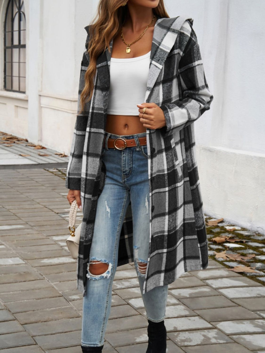 Women's Plaid Long Sleeve Hooded Coat in Brown and Green - Image 11