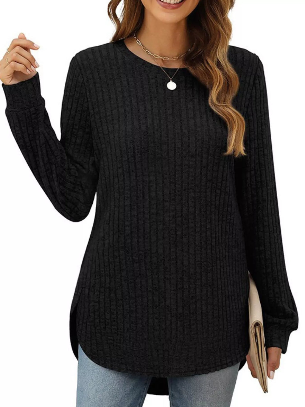 Ribbed Texture Round Neck Long Sleeve Rounded Hem Knit Top