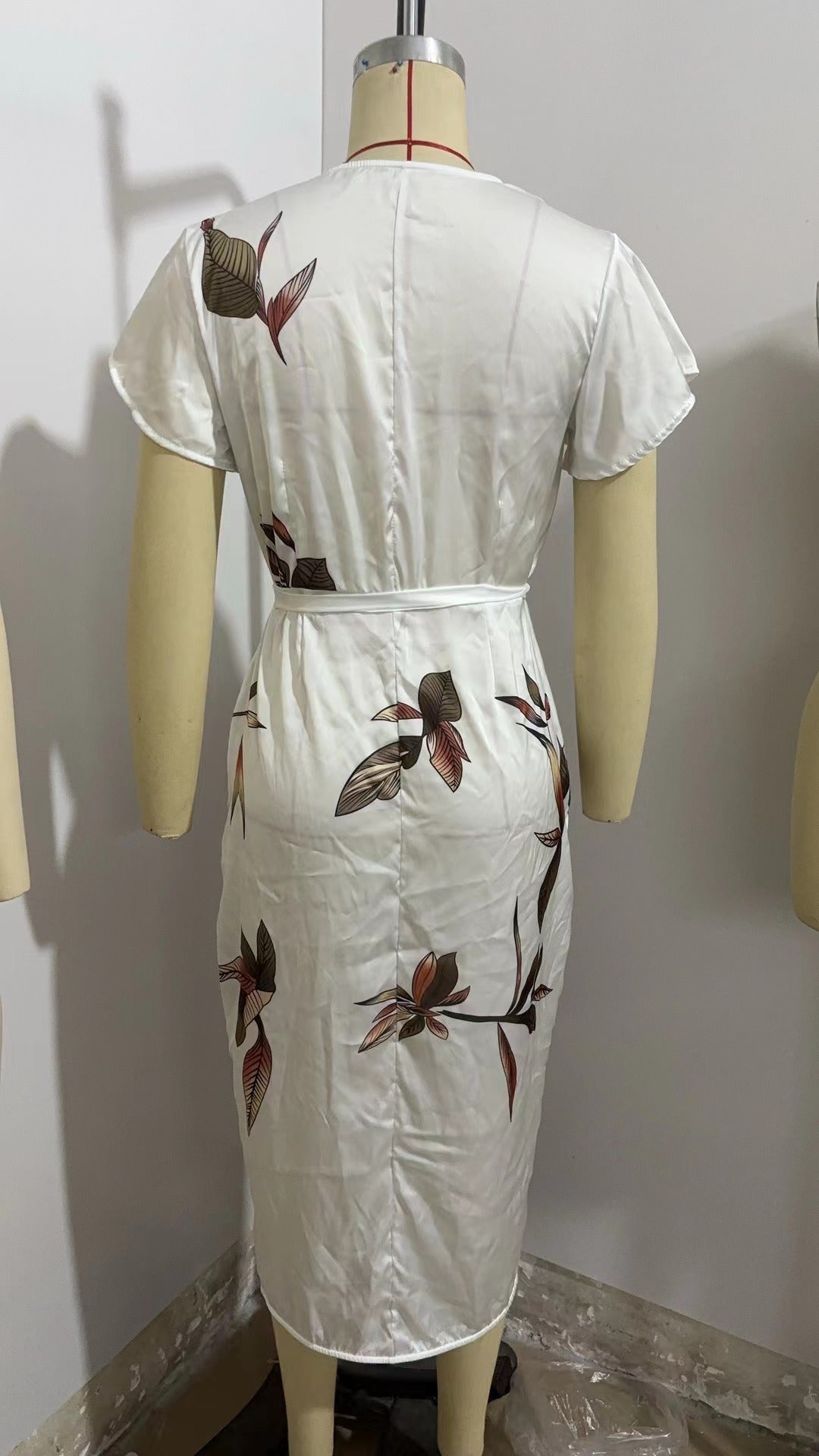 V-Neck Short-Sleeved Lace-Up Digital Printed Satin Fairy Dress