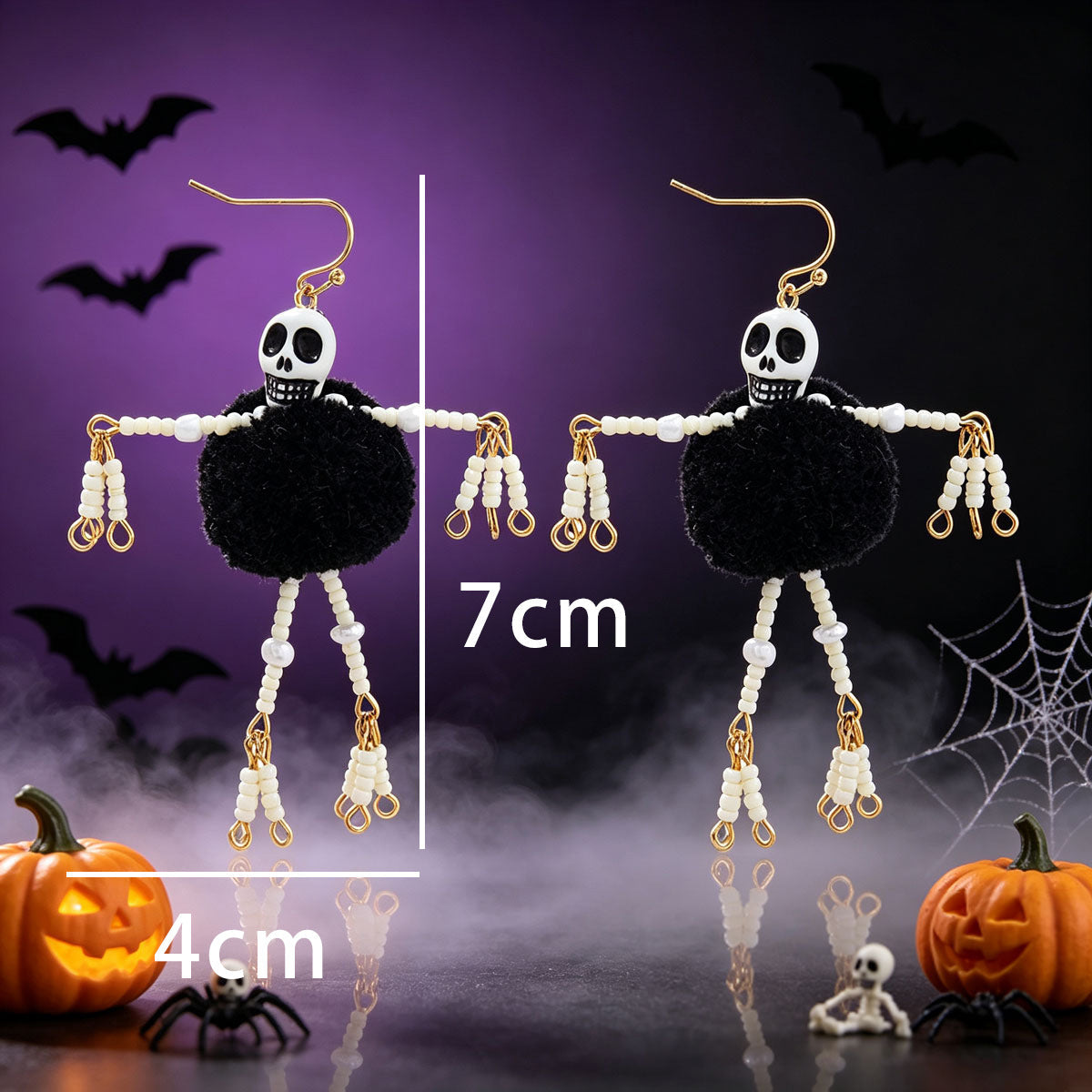 Women Halloween Skeleton Pom Pom Beaded Dangle Earrings, Gold Plated Gothic Long Drop Earrings For Costume Party Cosplay Holiday Gift