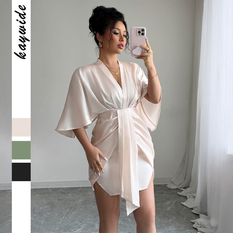 Deep V-Neck Wide Sleeve Hip Skirt Dress with Lace-Up Detail