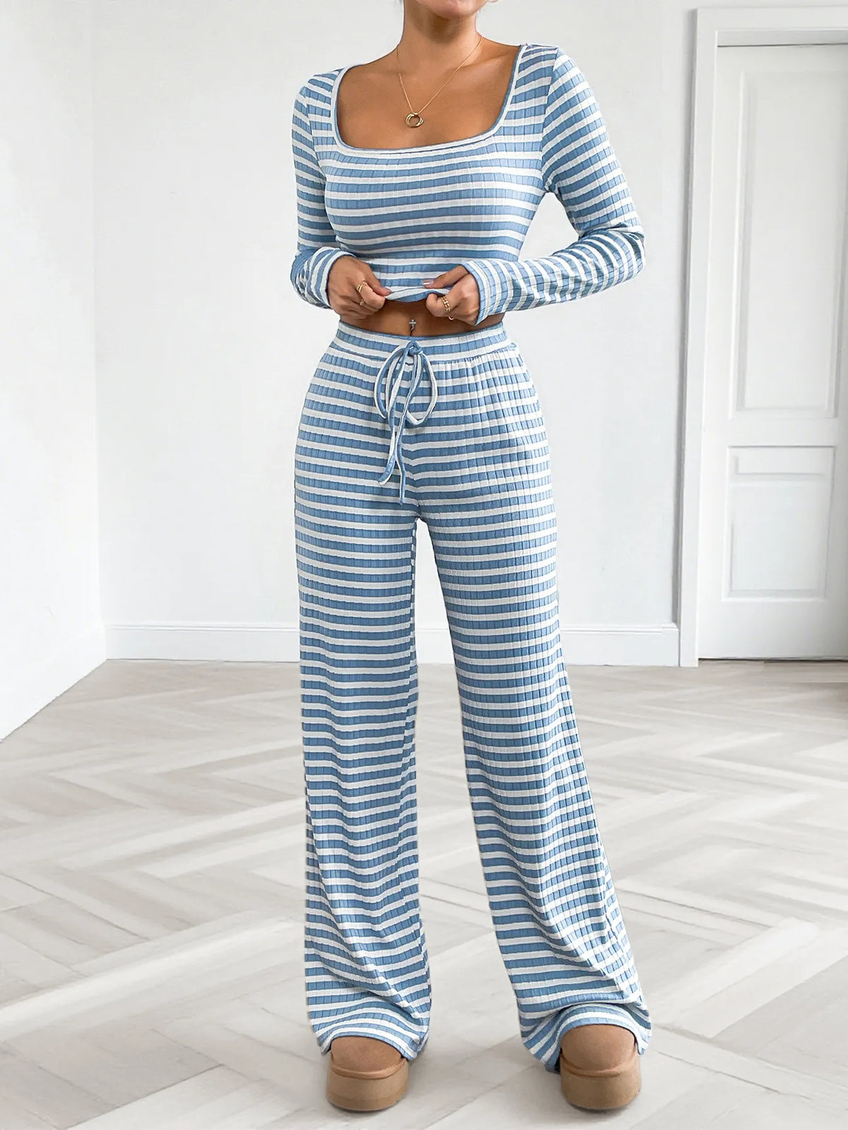 Striped Square Neck Long Sleeve Top and Pants Lounge Set