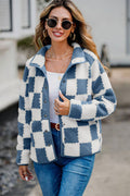 Women’s Checkered Snap Down Teddy Jacket in White and Brown