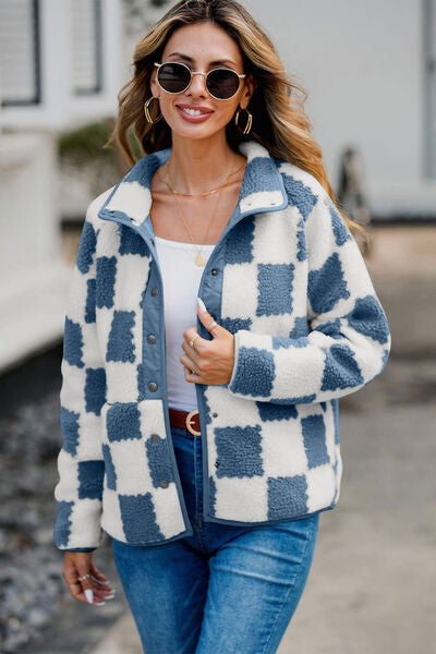 Women’s Checkered Snap Down Teddy Jacket in White and Brown
